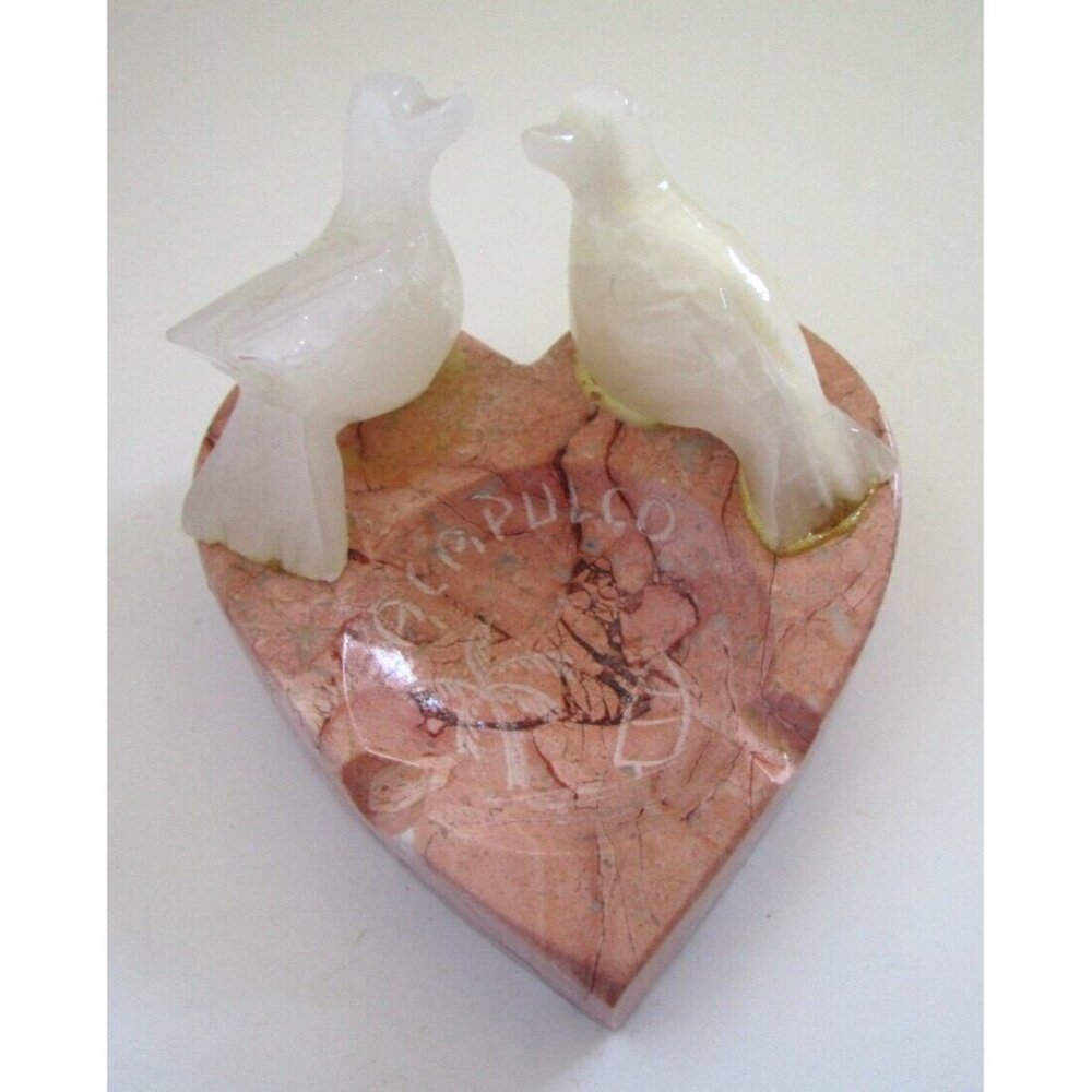 Mexican Souvenir White Alabaster Birds Pink Granite Stone Heart Ashtray Handmade